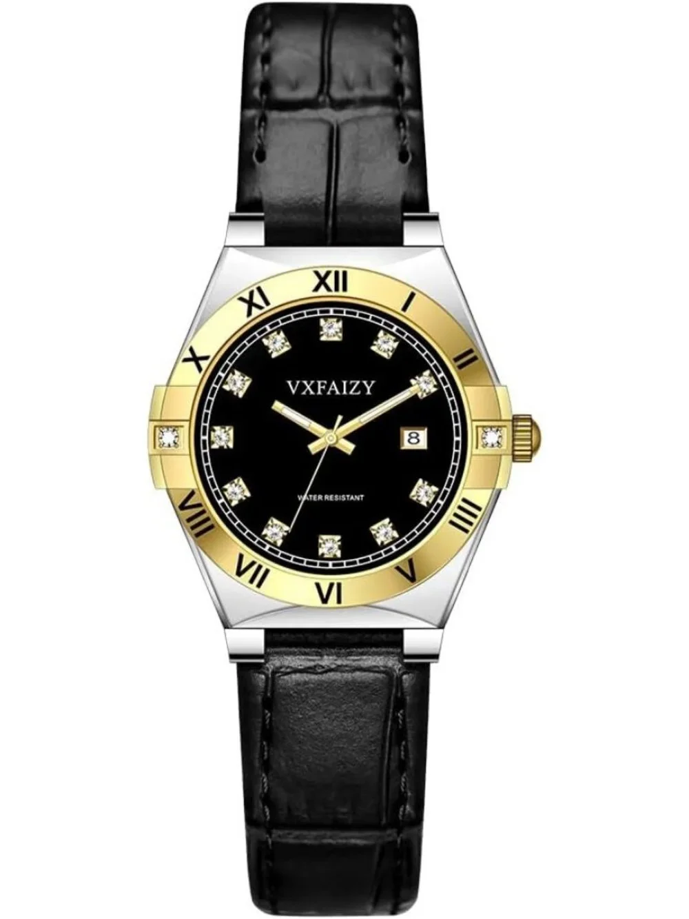 Women's Silver Black Crystal Diamond Dial Genuine Leather Strap Wrist Watches